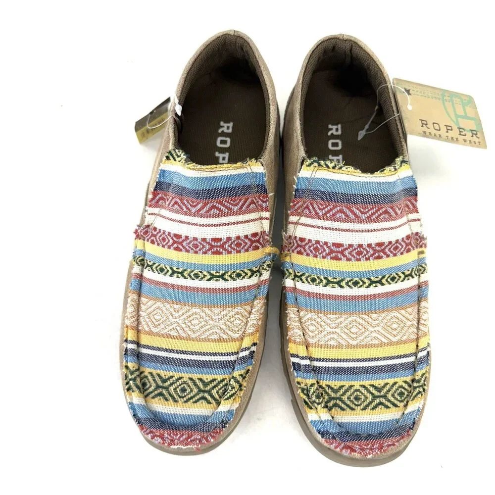 Roper Womens Beige Multi Fabric Johnnie Slip-On Shoes Size 6 Striped Geometric